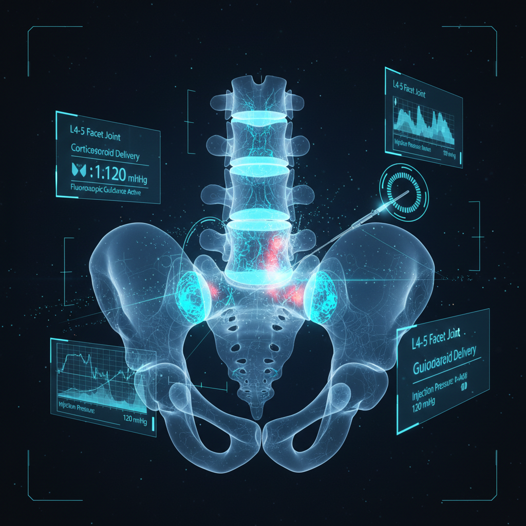 Ultra high-tech holographic visualization of facet joint injection procedure with fluoroscopic spine imaging, precision needle targeting the zygapophyseal joint capsule, and bioluminescent spinal anatomy data panels