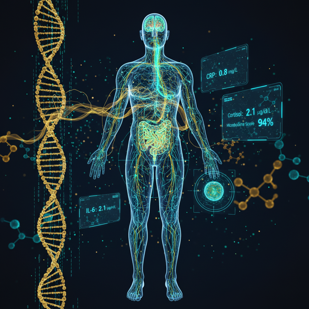 Ultra high-tech holographic visualization of functional medicine — interconnected biological systems including gut microbiome neural network, DNA double helix, hormonal pathways as golden energy streams, brain-gut axis as cyan neural highway, and floating biomarker data panels showing CRP, cortisol, IL-6 and microbiome scores