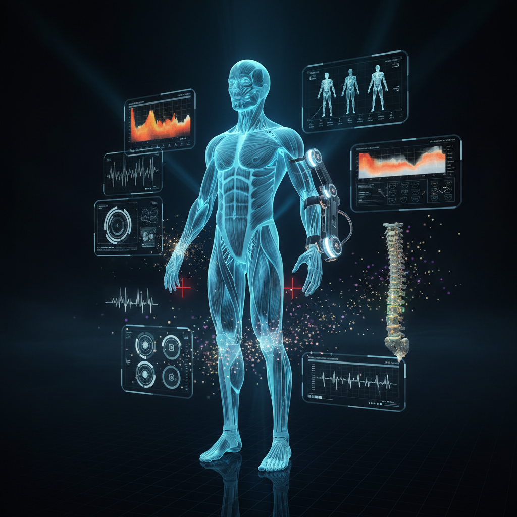 Cinematic ultra high-tech physical therapy visualization featuring glowing 3D holographic musculoskeletal system with bioluminescent cyan muscle fibers, robotic exoskeleton assist, AR biomechanical motion analysis HUD panels, holographic spine with nerve root visualization, and volumetric god-ray light beams