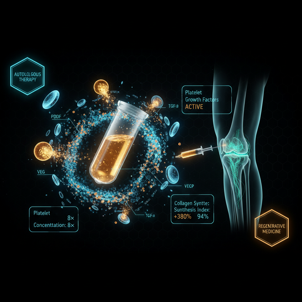 Ultra high-tech holographic PRP therapy visualization showing a glowing centrifuge tube with golden-amber platelet-rich plasma, bioluminescent platelets releasing PDGF VEGF TGF-β growth factors, precision syringe approaching a holographic knee joint with real-time cartilage regeneration, and floating biomarker data panels in a futuristic dark biotech environment