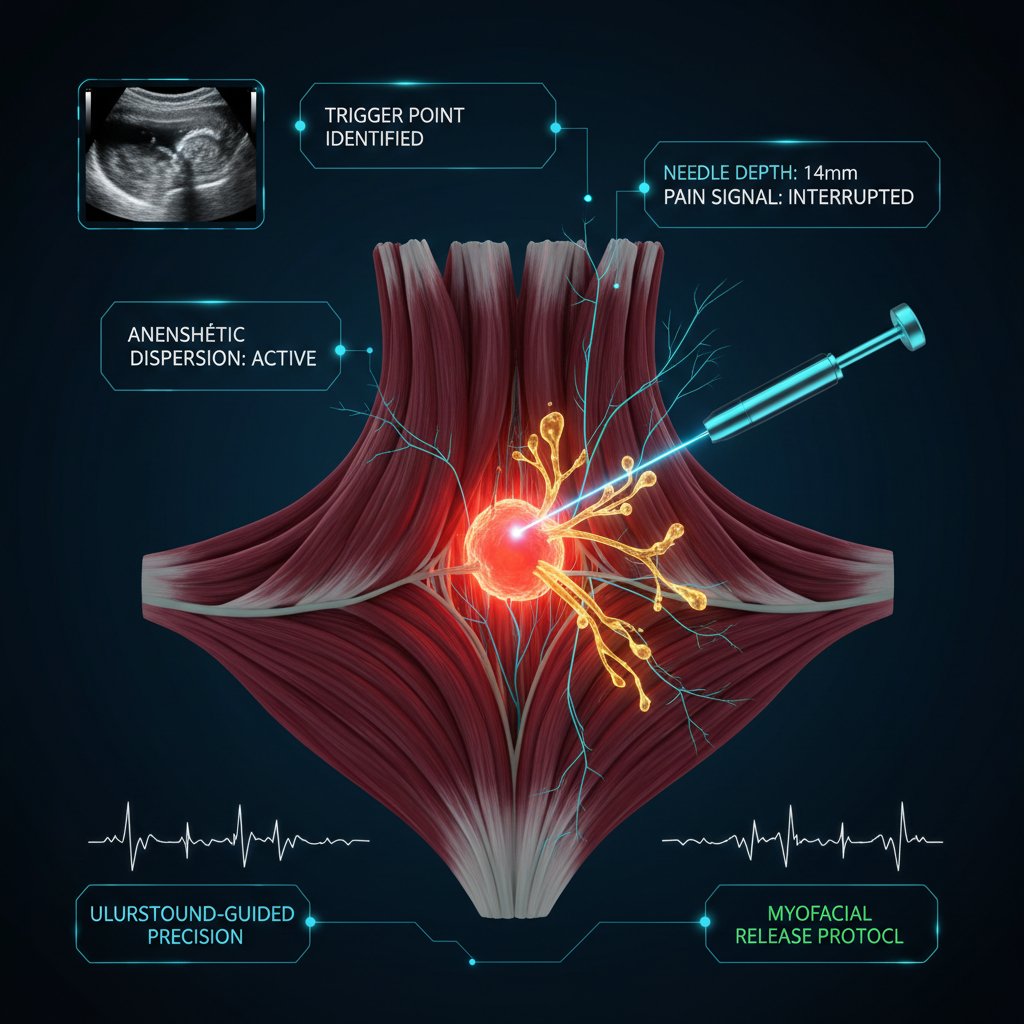 Ultra high-tech holographic visualization of trigger point injection — bioluminescent red-orange myofascial trigger point knot in 3D muscle cross-section, precision ultrasound-guided needle with cyan targeting reticle and laser alignment grid, golden-amber anesthetic dispersing through muscle fibers, floating data panels showing TRIGGER POINT IDENTIFIED, NEEDLE DEPTH 14mm, ANESTHETIC DISPERSION ACTIVE, and PAIN SIGNAL INTERRUPTED