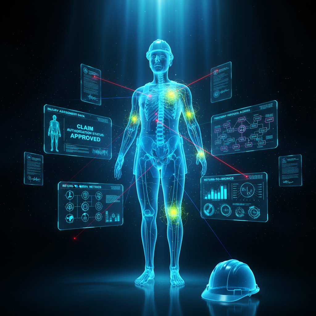 Ultra cinematic super high-tech workers compensation visualization — holographic 3D human figure in hard hat and work gear with glowing bioluminescent injury markers on spine, shoulder, and knee, precision laser diagnostic scanning beams, floating AR panels displaying injury assessment data, claim authorization status, treatment protocol flowcharts, and return-to-work metrics with neural network data streams