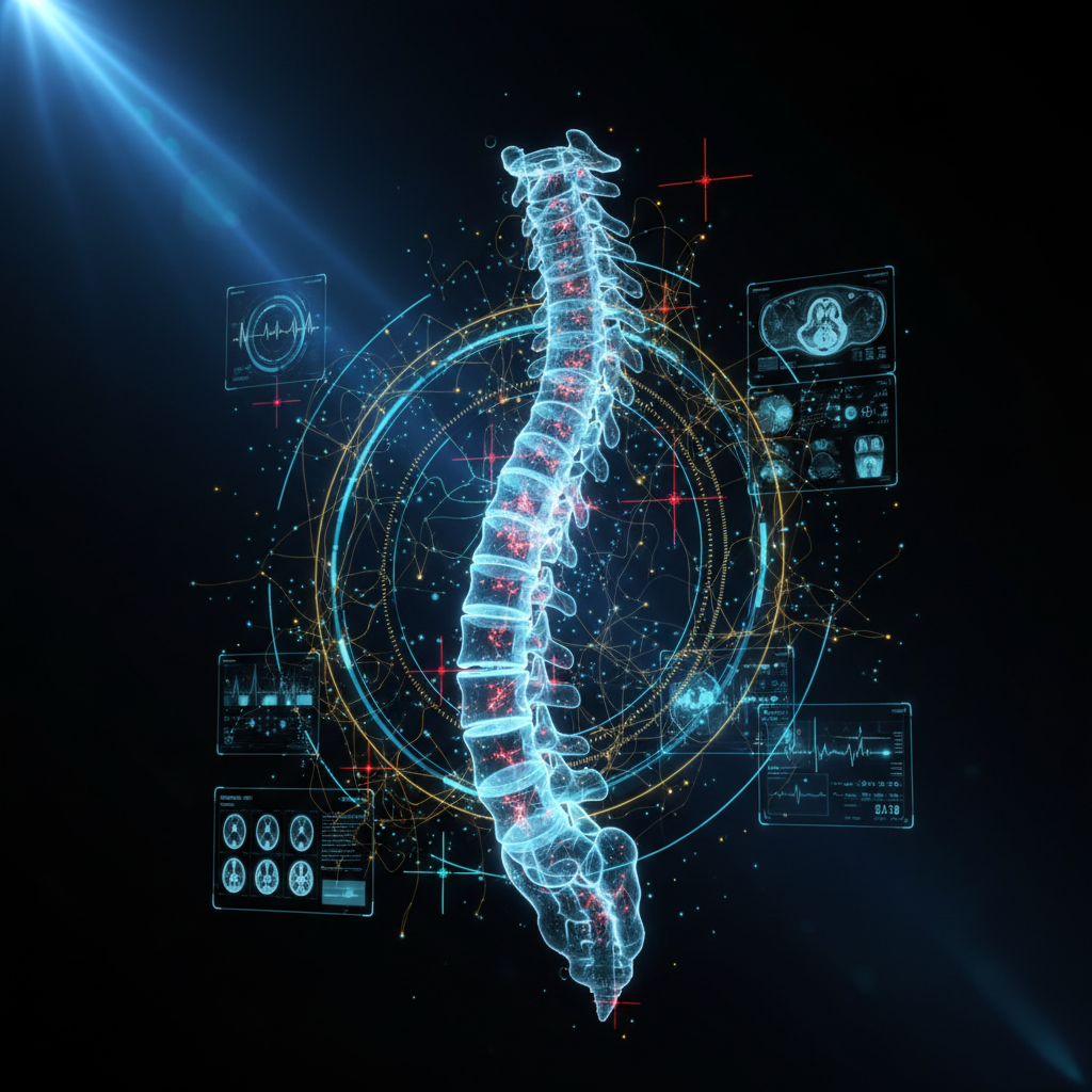 Cinematic ultra-high-tech holographic 3D spine visualization with glowing neural networks, AR diagnostic panels, volumetric light beams, and precision targeting reticles — NYC Pain Management advanced interventional care