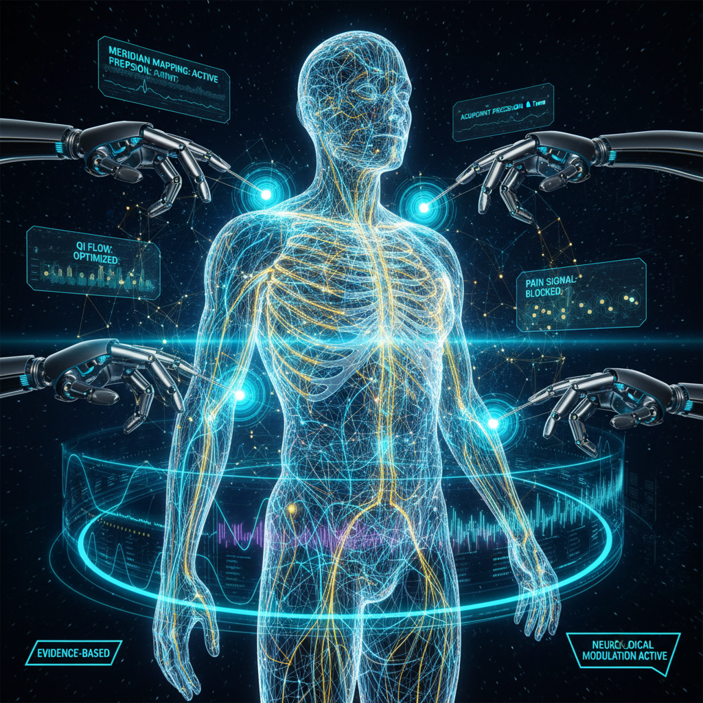 Ultra high-tech holographic visualization of medical acupuncture — bioluminescent meridian pathways mapped across a 3D human body silhouette with precision robotic needle placement, glowing acupoints, neural network overlays showing qi energy flow as luminous data streams, and floating data panels displaying meridian mapping, acupoint precision, and pain signal interruption metrics