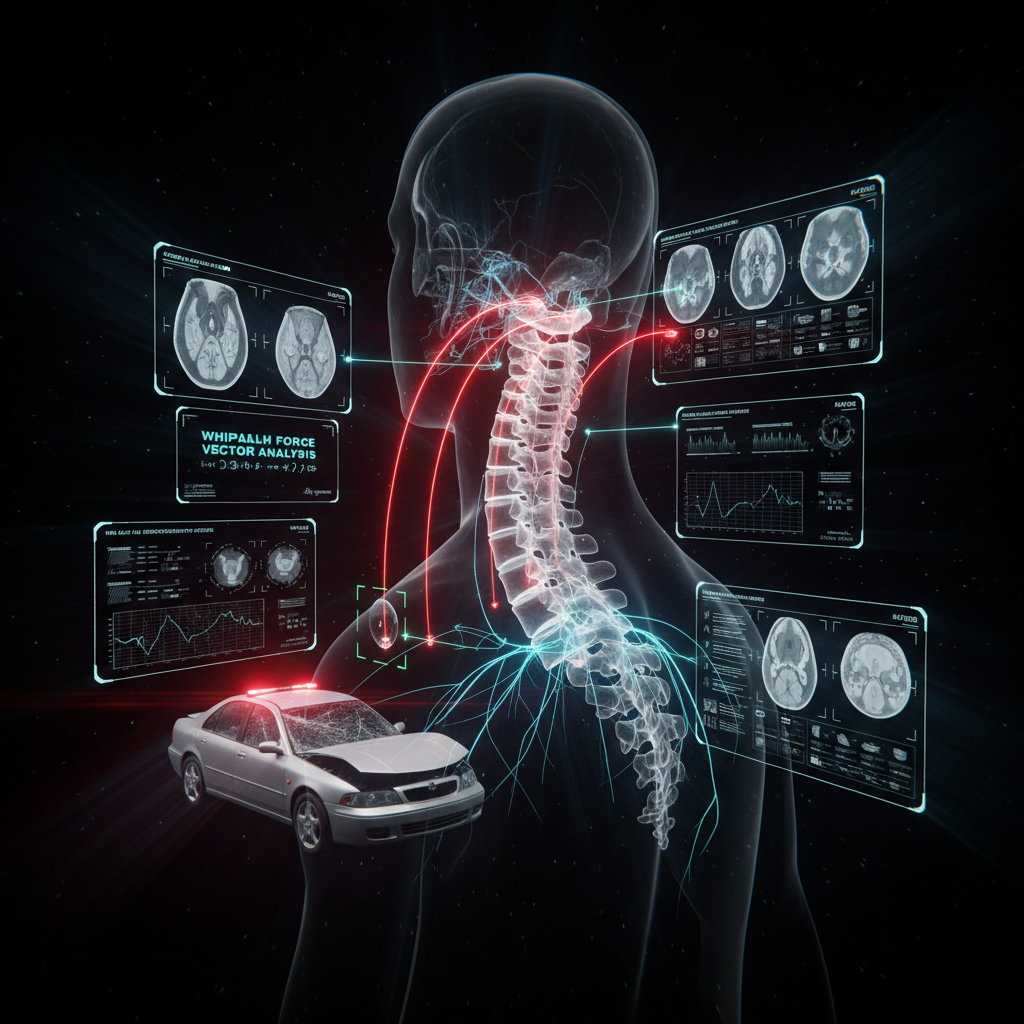 Cinematic ultra high-tech visualization of auto injury whiplash — crashed silver sedan with holographic 3D cervical spine, force-vector impact arcs, AR diagnostic HUD panels, bioluminescent neural pathways, and real-time biomechanical analysis for auto injury treatment at NYC Pain Management