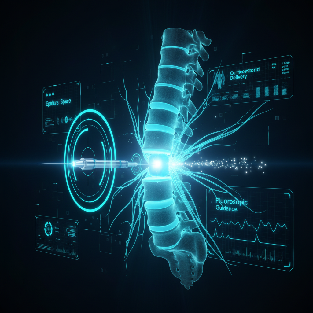 High-tech visualization of epidural steroid injection procedure with fluoroscopic guidance, holographic spinal anatomy, and precision needle targeting the epidural space