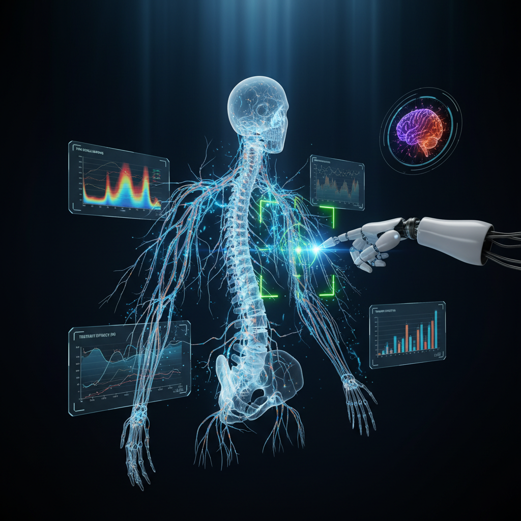 Advanced multimodal pain management — dramatic holographic 3D spine and nervous system visualization with bioluminescent neural pathways, robotic precision injection targeting, and real-time pain signal mapping data panels
