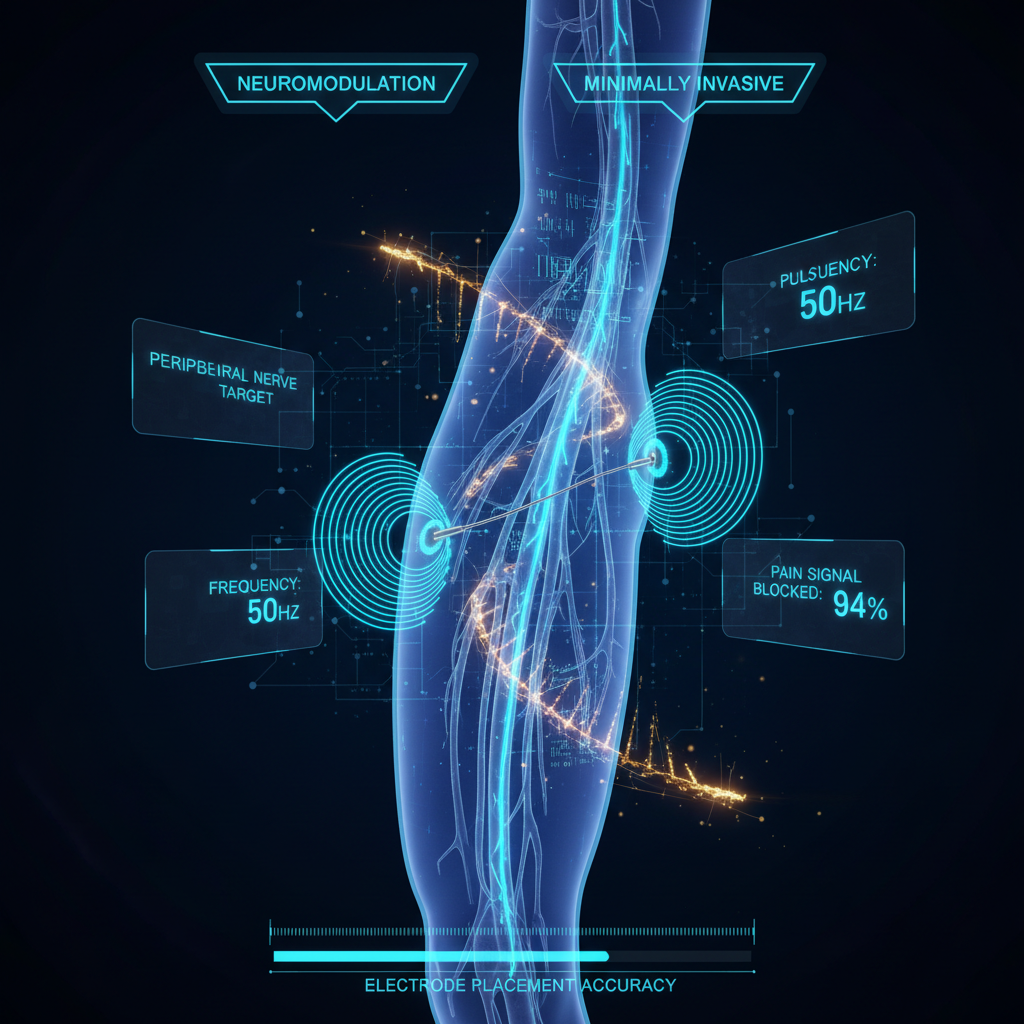 Ultra high-tech holographic visualization of peripheral nerve stimulation — glowing electrode lead threading alongside a bioluminescent peripheral nerve with bioelectric pulse waves and floating neuromodulation data panels