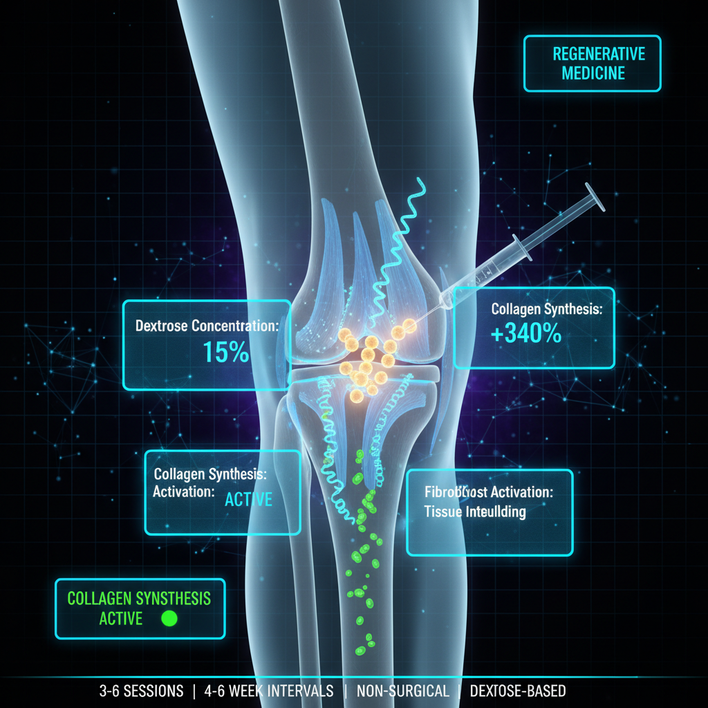 Ultra high-tech holographic visualization of prolotherapy dextrose injection into a knee joint with bioluminescent ligament regeneration, fibroblast activation, collagen synthesis data panels, and molecular tissue repair visualization