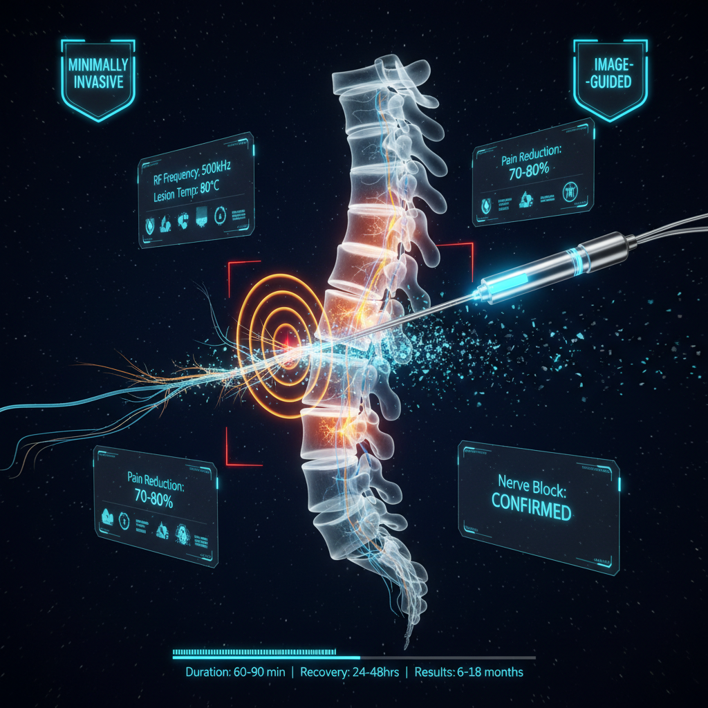Ultra high-tech holographic visualization of radiofrequency ablation procedure โ precision RFA electrode targeting medial branch nerve with thermal energy waves, fluoroscopic spinal imaging, and real-time neural pathway interruption data panels