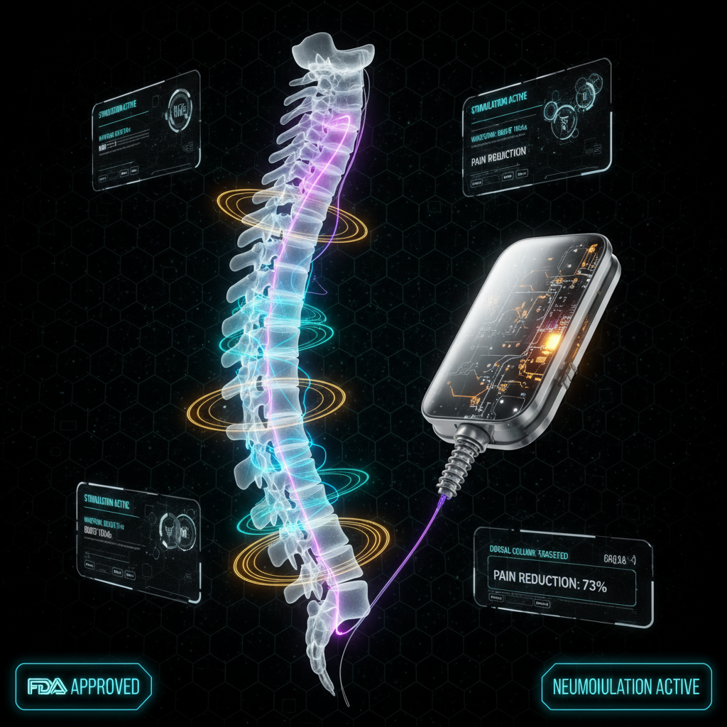 Ultra high-tech holographic visualization of spinal cord stimulation — glowing neuromodulation lead wire threading through vertebrae with cyan pulse waves along the dorsal columns, bioluminescent neural pathways, titanium IPG device, and floating data panels showing STIMULATION ACTIVE and WAVEFORM: BURST 10kHz