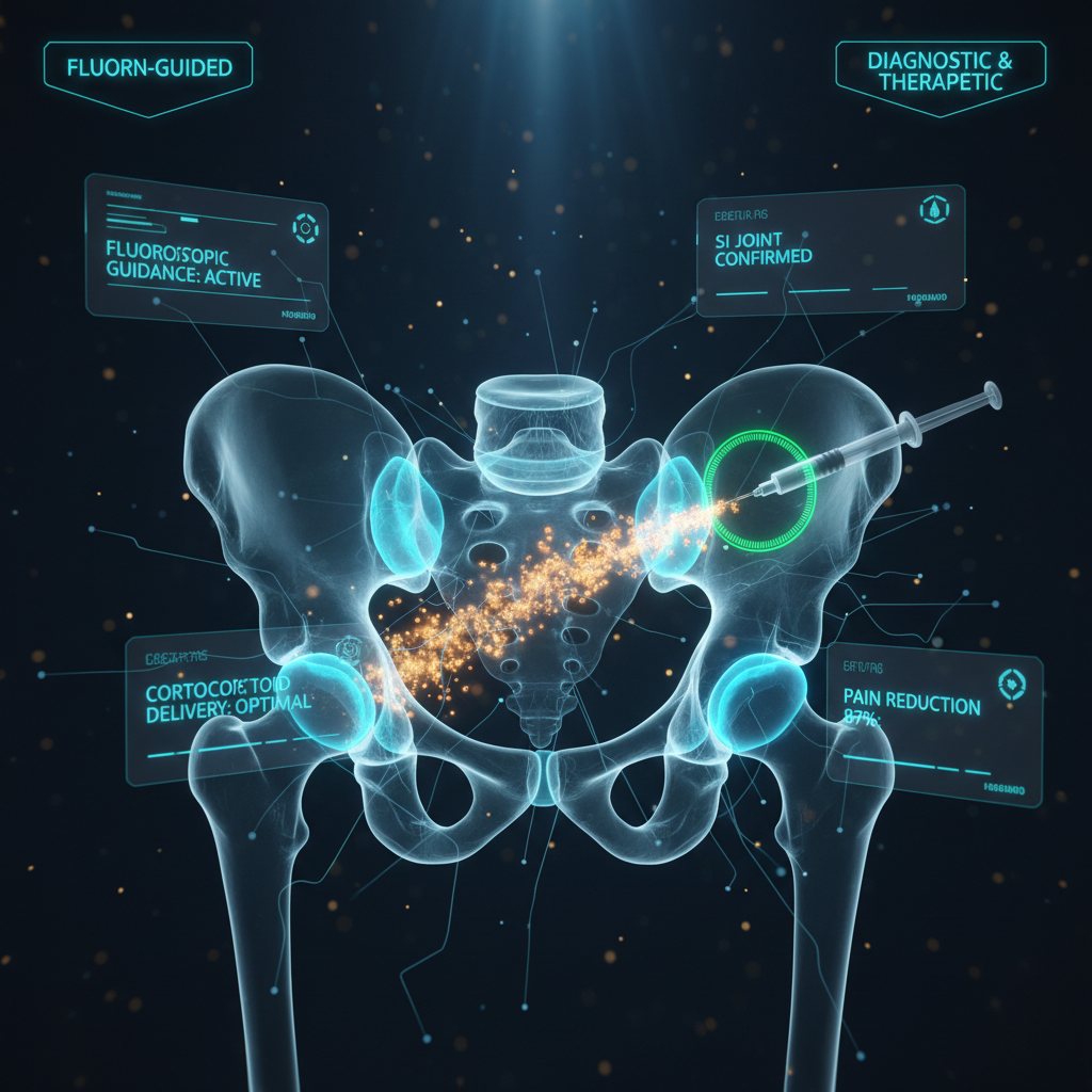 Ultra high-tech holographic visualization of sacroiliac joint injection procedure with fluoroscopic pelvis imaging, precision needle guidance targeting the SI joint, corticosteroid delivery visualization, and floating diagnostic data panels showing real-time procedure metrics