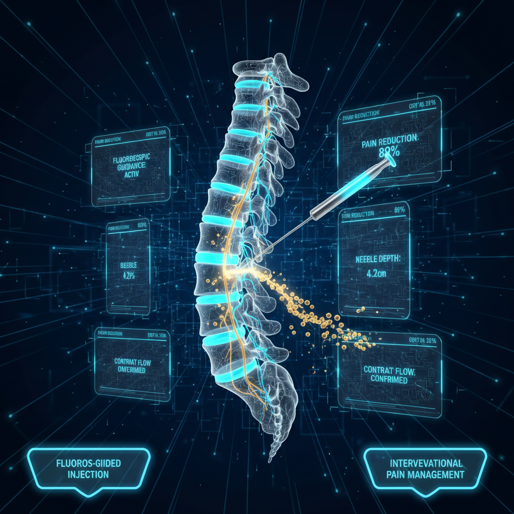 Ultra high-tech holographic visualization of spinal injection procedure — glowing cyan bioluminescent vertebral discs, precision fluoroscopic needle with laser-guided trajectory entering the epidural space, golden-amber contrast dye dispersing along nerve roots, and floating biomarker data panels showing fluoroscopic guidance active, needle depth 4.2cm, contrast flow confirmed, and pain reduction 89%